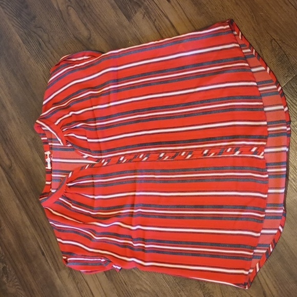 Pleione Red White Blue Pin Stripe LightWeight Flowy Cap Sleeve Blouse A1 - Picture 1 of 4